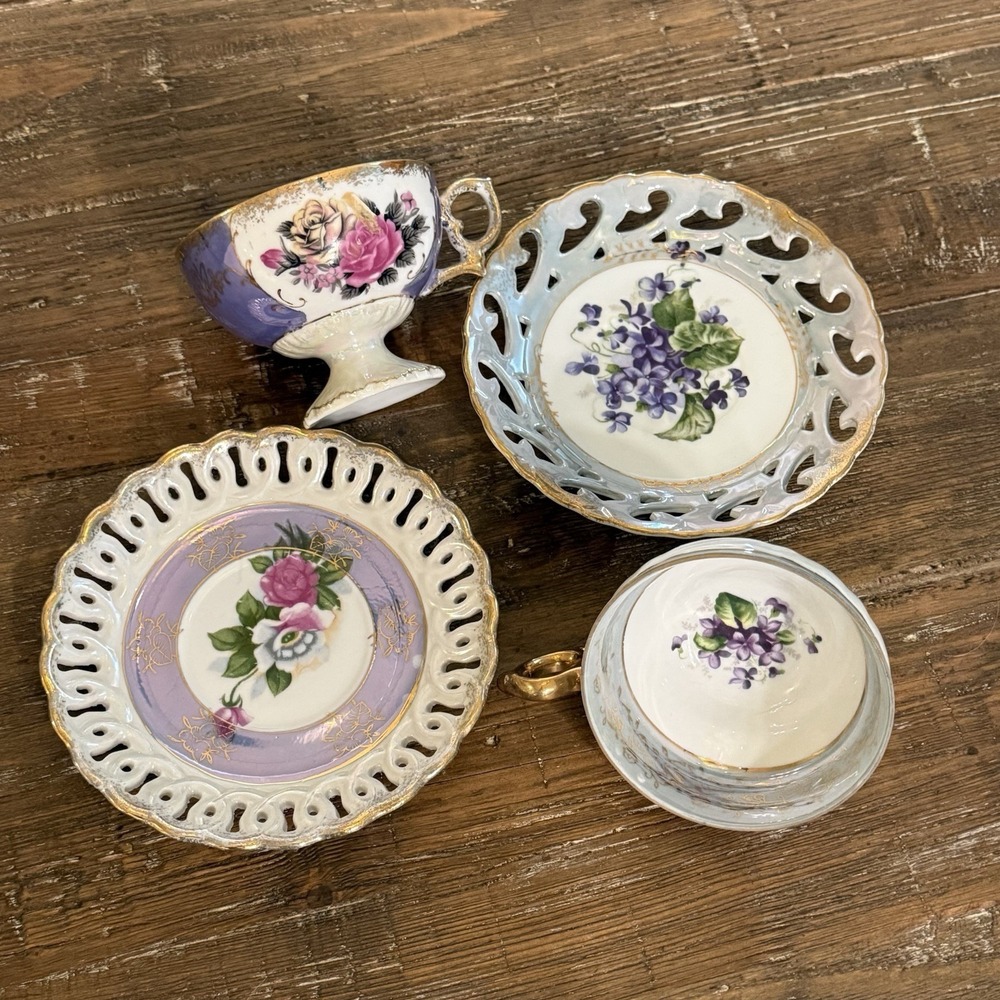 VTG Japanese Lusterware Teacup Saucer Set Iridescent Blue Violet Gold Floral (2)